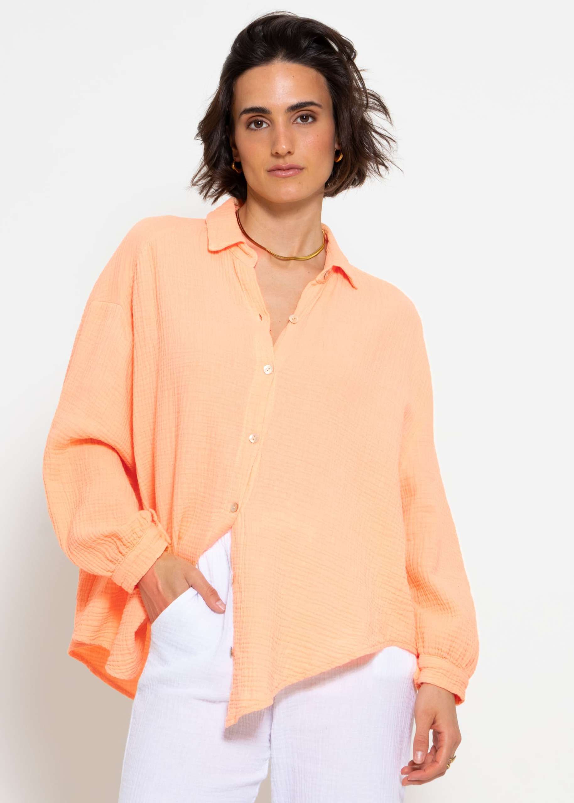 Musselin Bluse oversize, kurz - peach