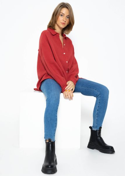 Oversize muslin blouse, short - brick red