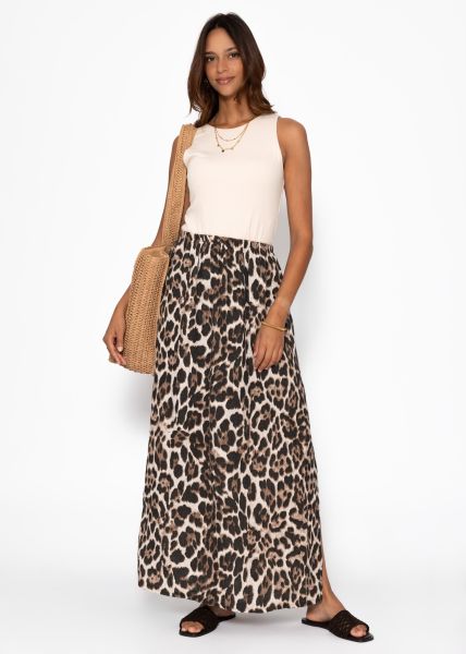 Maxi muslin skirt with slit with leo print - beige