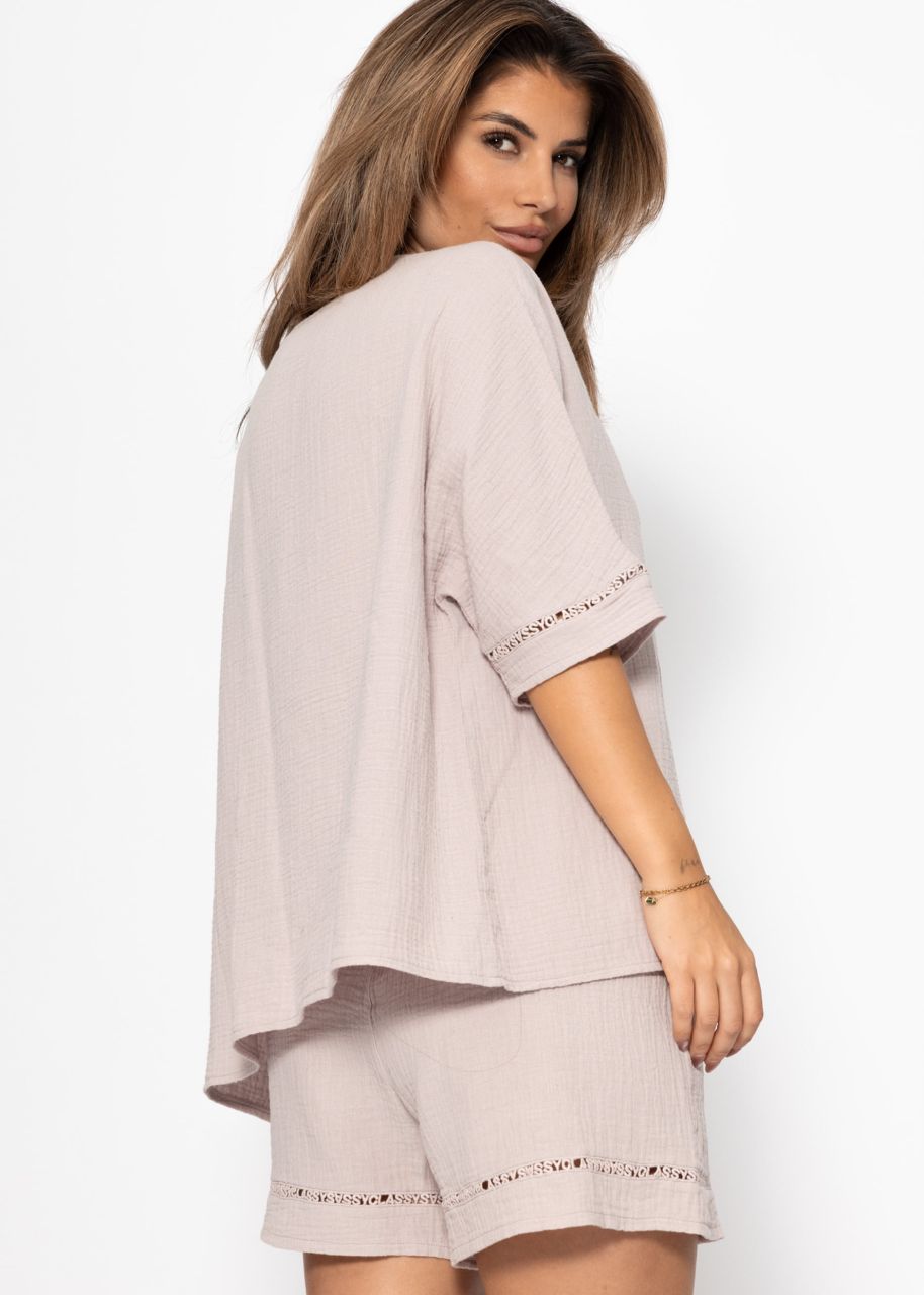 Muslin pyjama shirt with lace trim - dusky pink