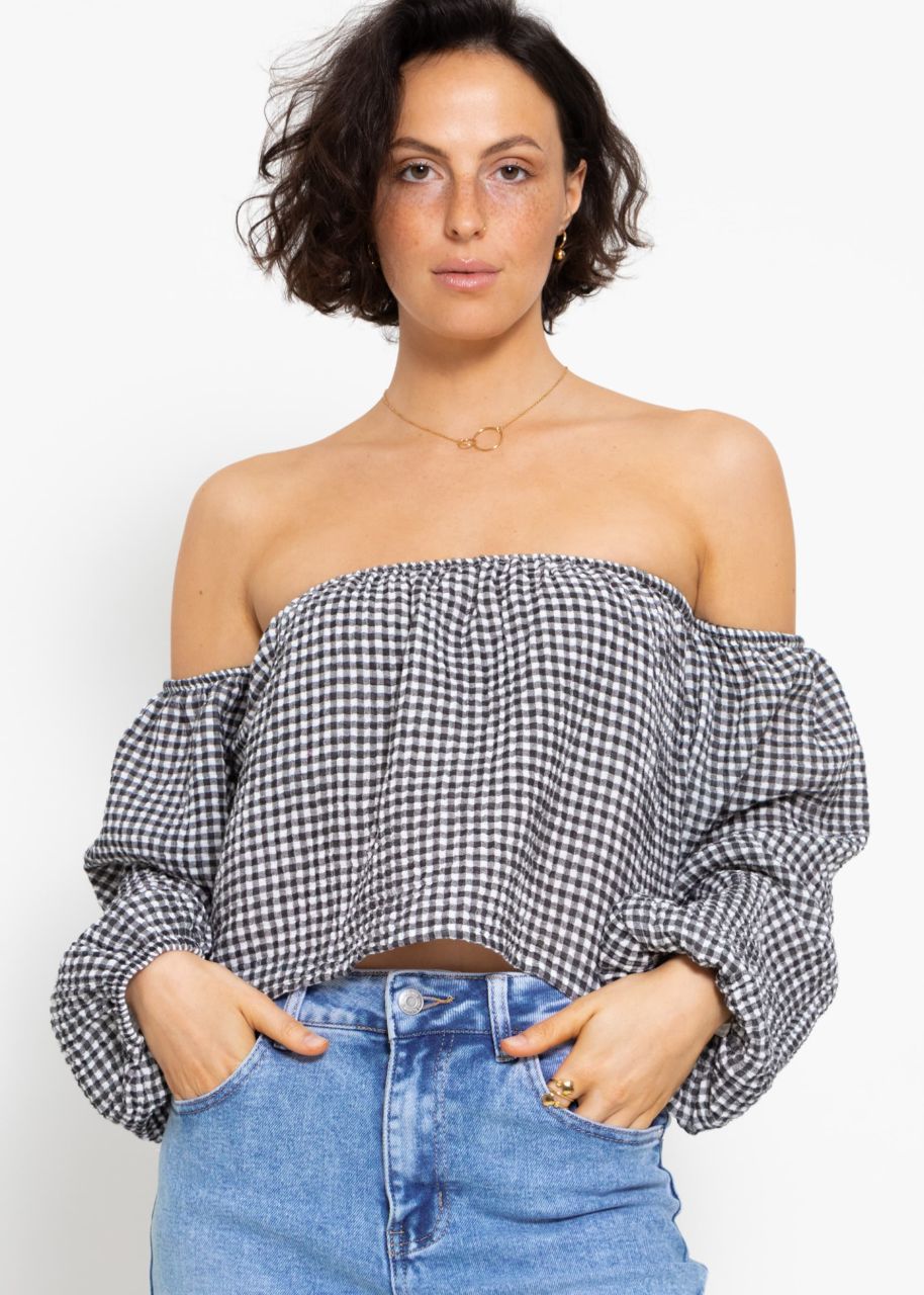 Muslin top with Vichy print, off-the-shoulder - black and white