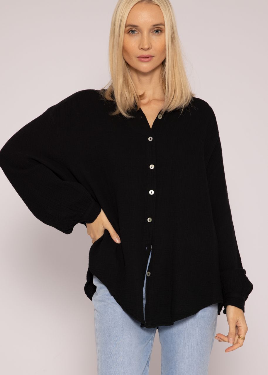 Ultra oversize muslin blouse shirt, shorter version, black