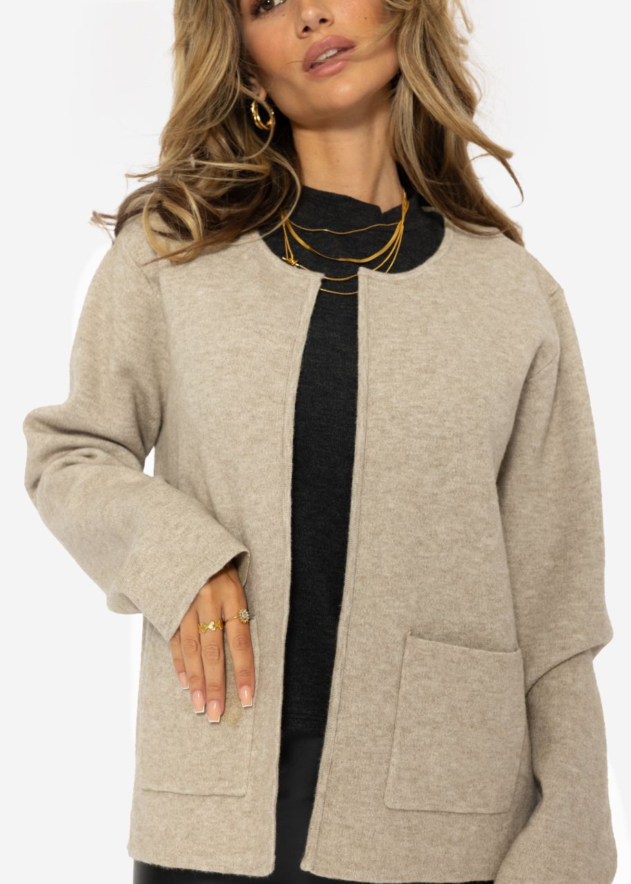 Cardigan with a round neckline and patch pockets - beige