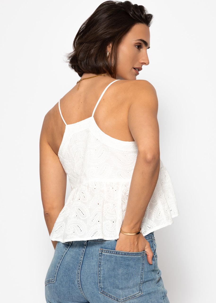 Top with flounce and eyelet embroidery - white