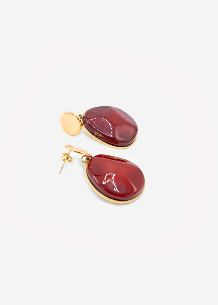 Stud earrings with oval red pendant - gold