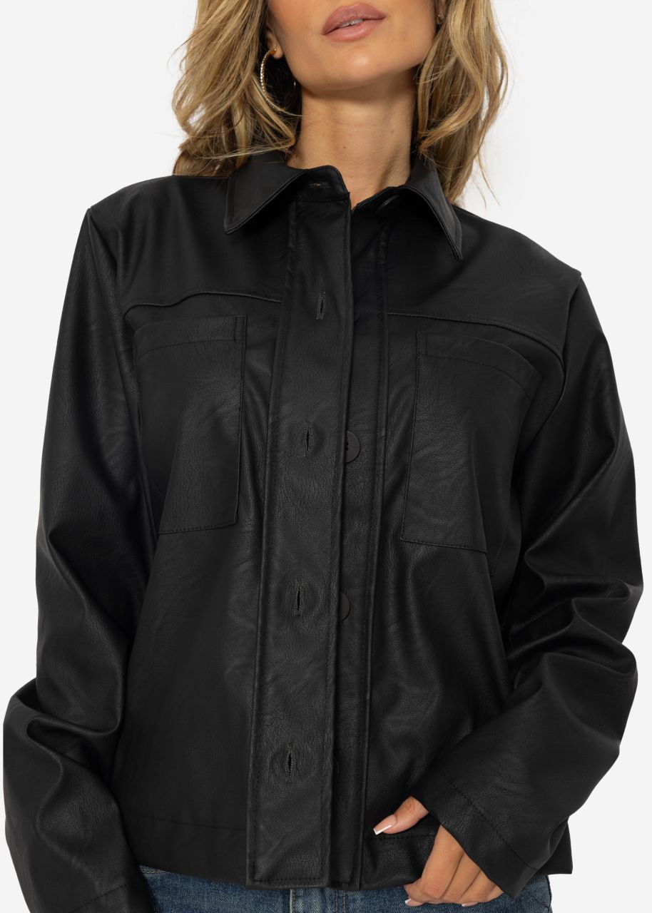 Faux leather blouse shirt with breast pockets - black