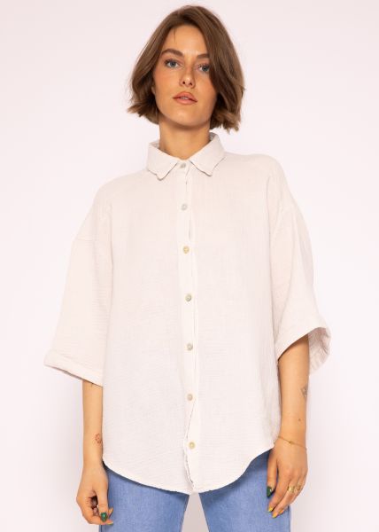 Muslin blouse oversize short sleeve, short, light beige