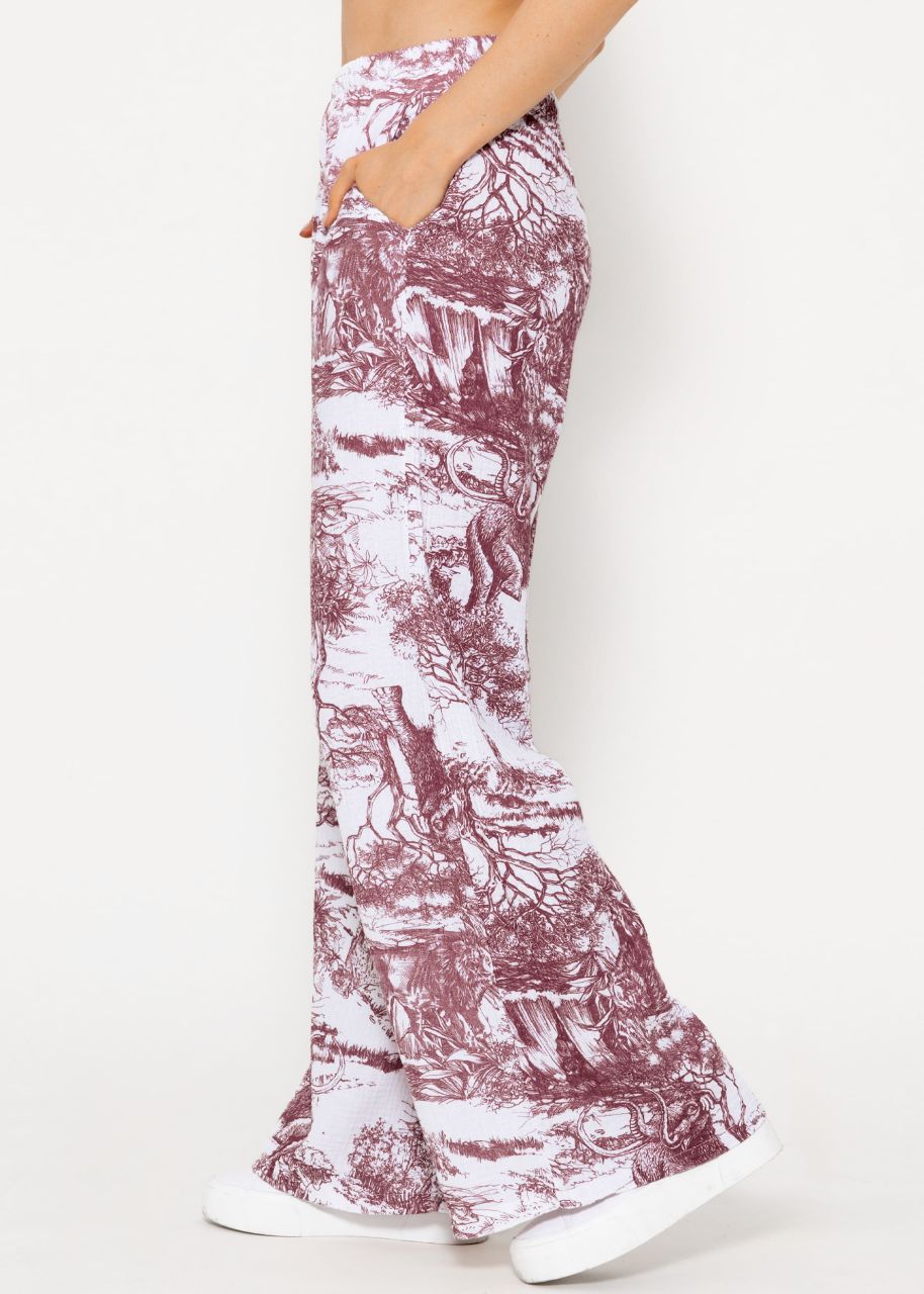 Muslin pants with wide leg and print - wine red