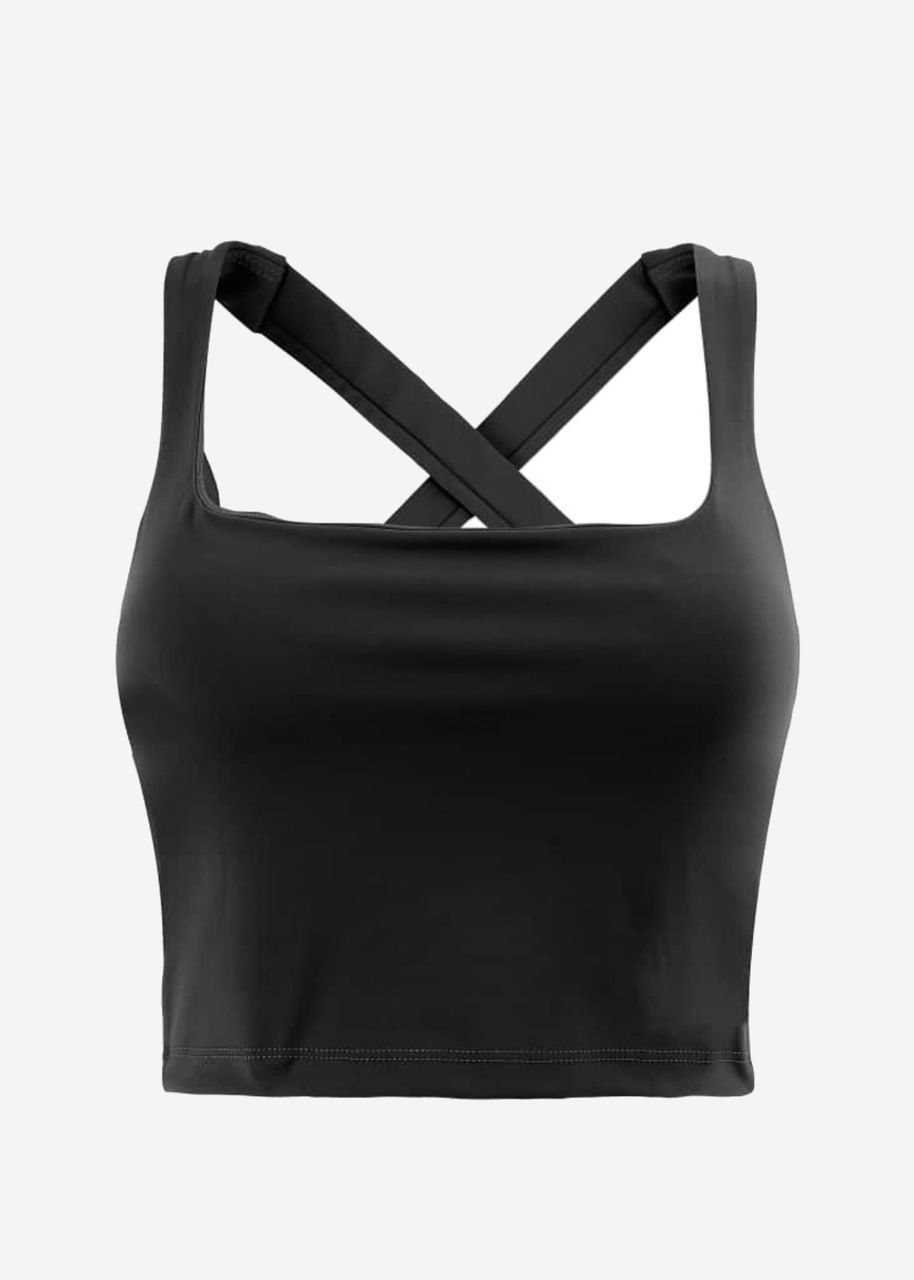 Sports bra with crossed, wide straps - black