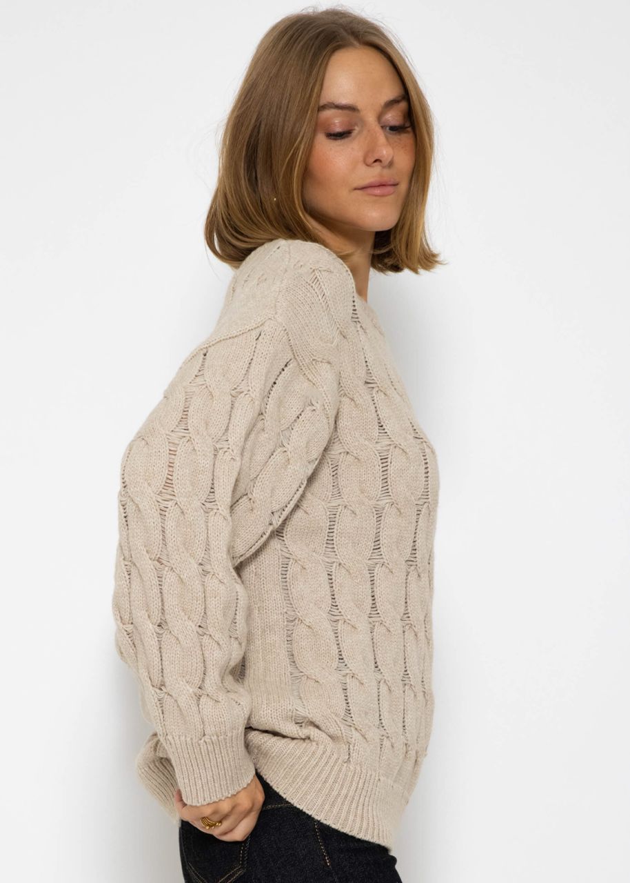 Knitted jumper with cable stitch - beige