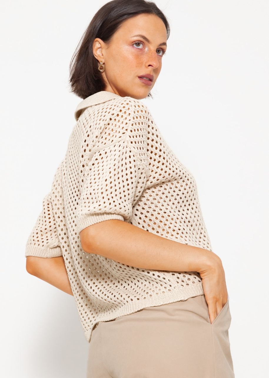 Short sleeve polo sweater in perforated knit - light beige