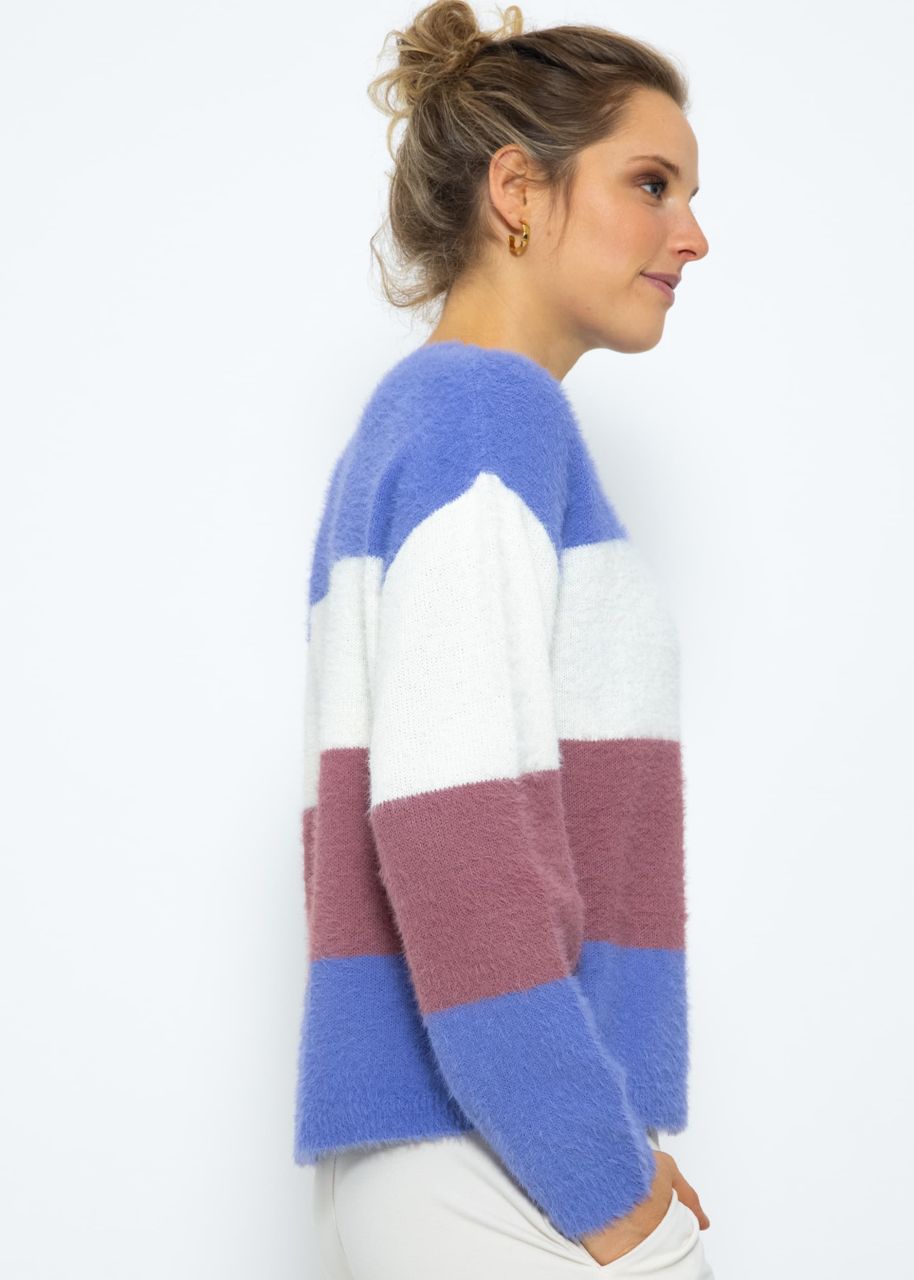 Fluffy jumper with block stripes - purple-offwhite-mauve