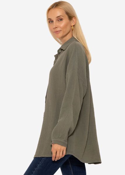 Musselin Bluse mit abgerundetem Saum, khaki