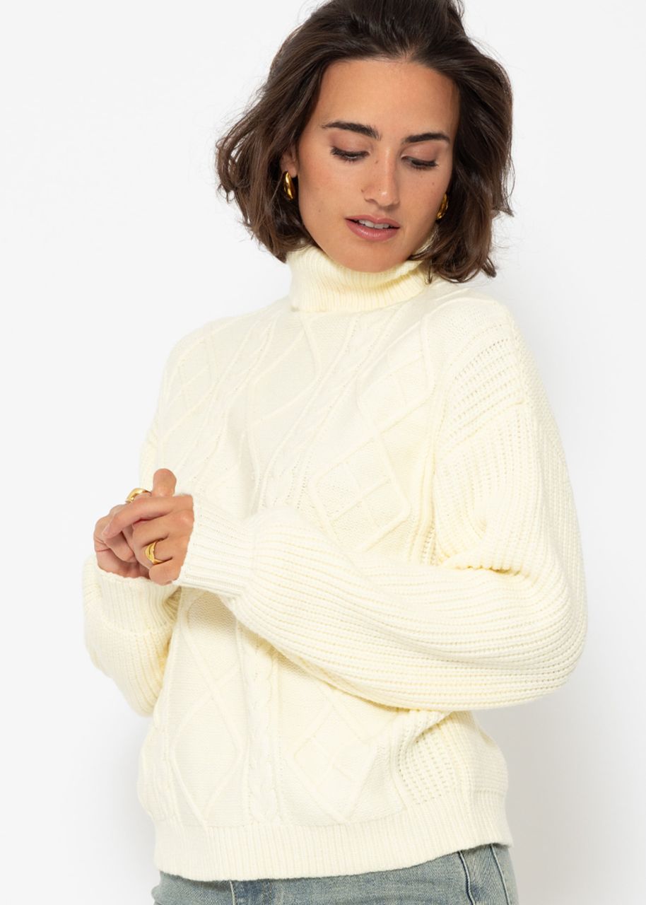 Turtleneck jumper with cable knit pattern - vanilla yellow