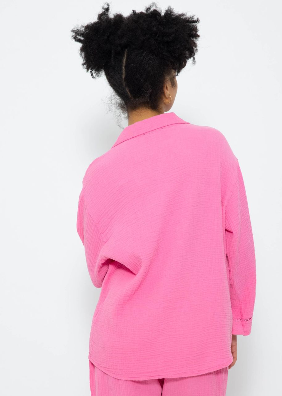 Muslin pyjama blouse with lace trim - pink