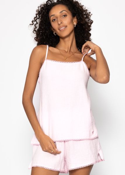Muslin pyjama top with lace trim - pink
