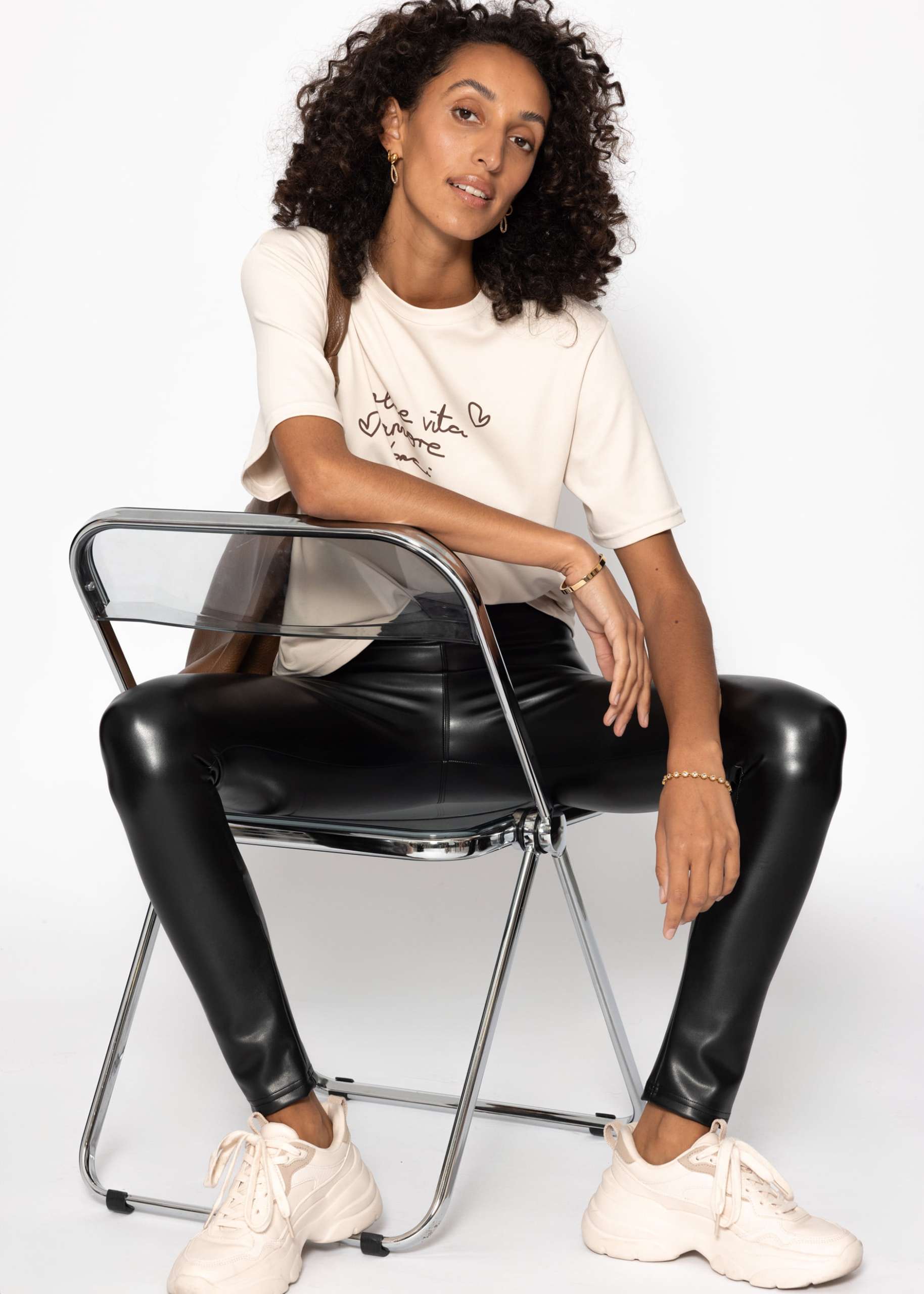 High-rise leather leggings with a wide waistband - black