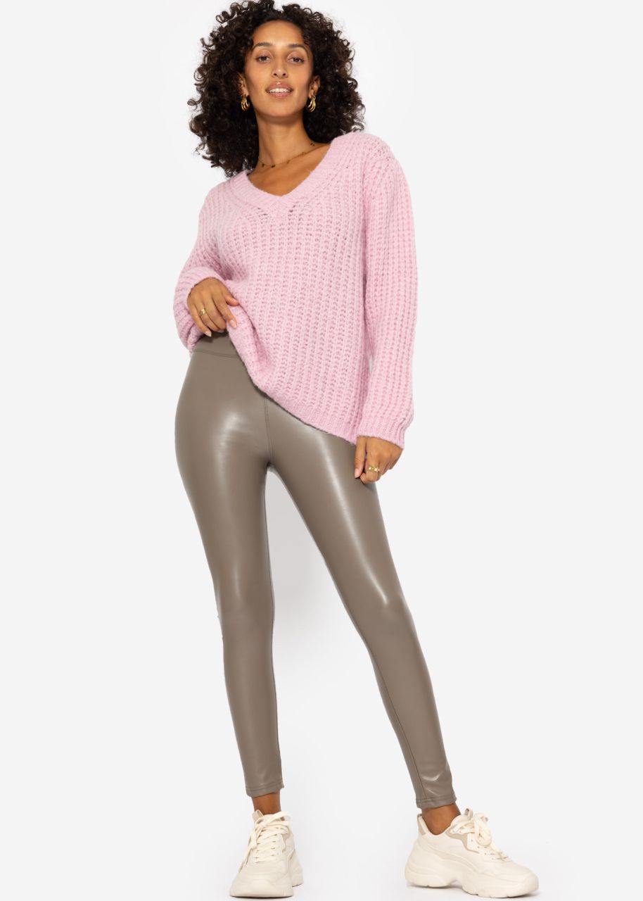 High-rise thermal leather leggings with wide waistband - taupe