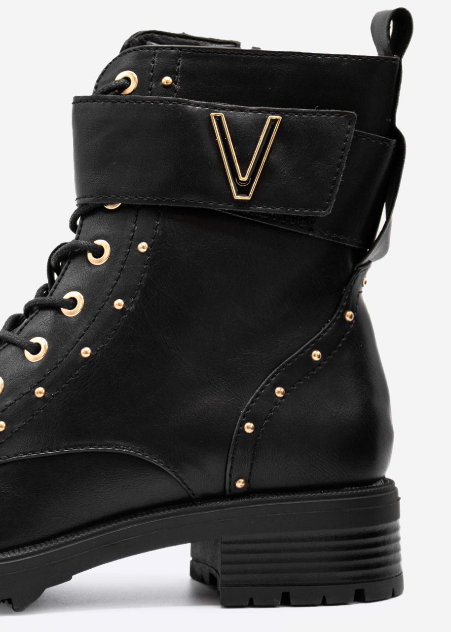 Lace up boots with gold details, black