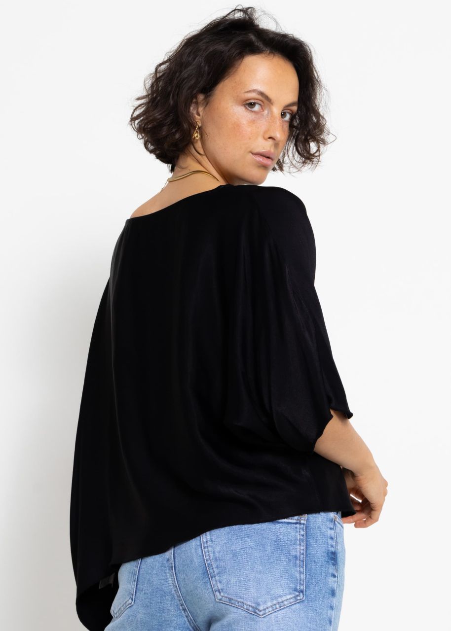 Oversize satin shirt with asymmetric hem - black