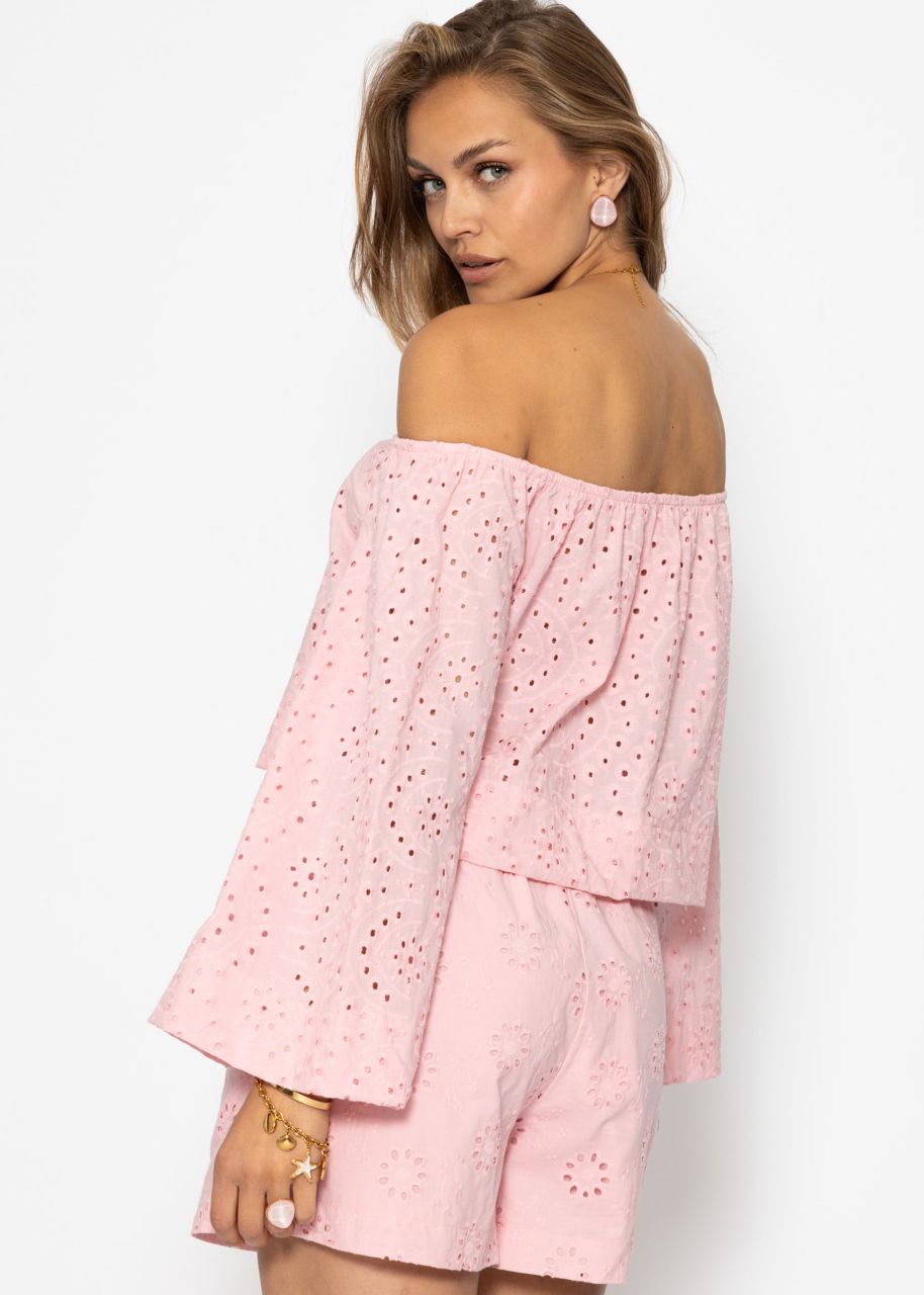 Off-the-shoulder long sleeve top with eyelet embroidery - pink