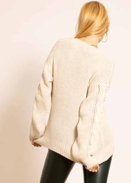 Long Pullover mit Zopfmuster, beige