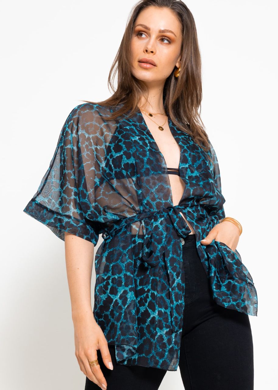 Transparent kimono with leo print - turquoise
