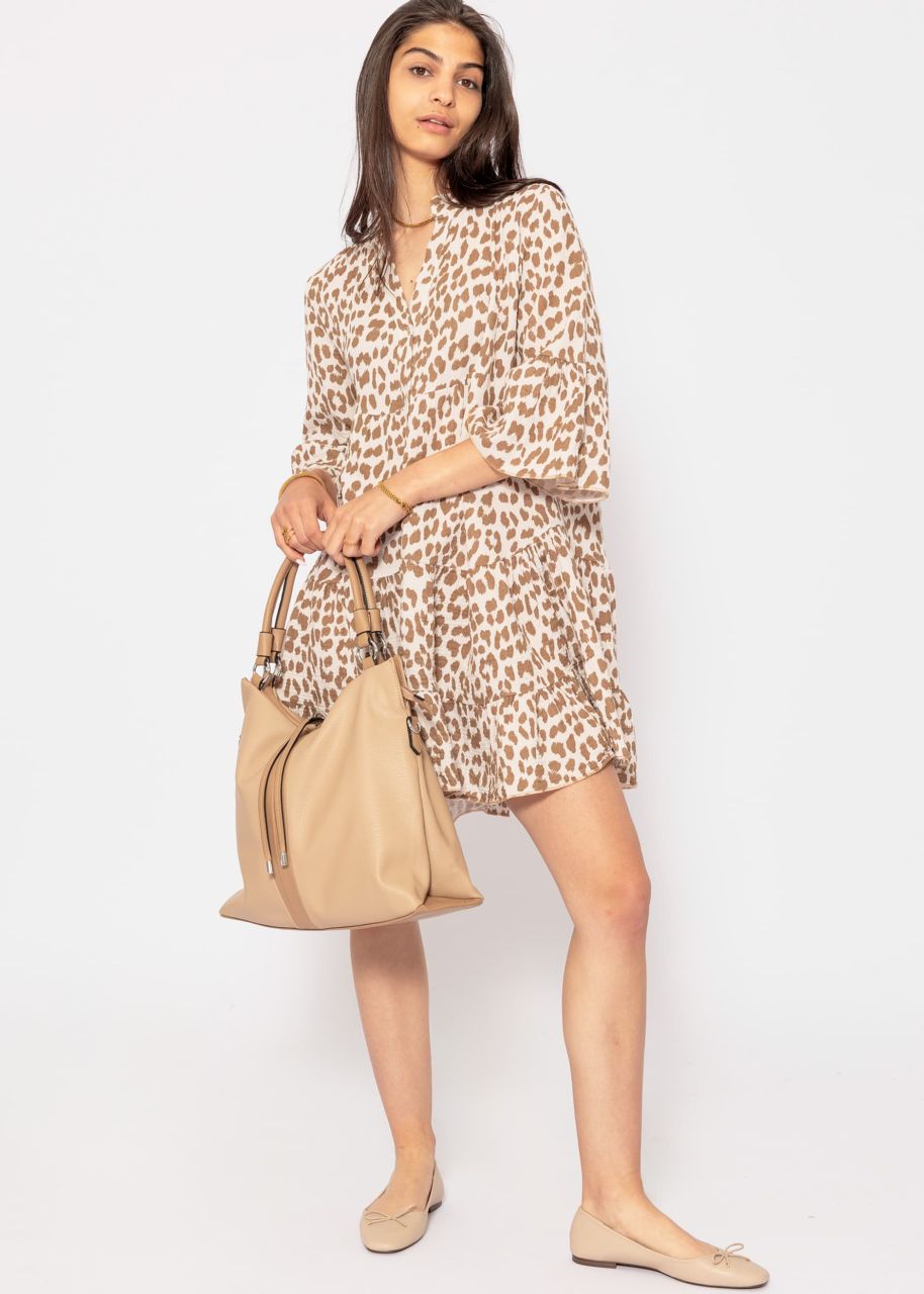 Muslin dress with leo print - offwhite-camel