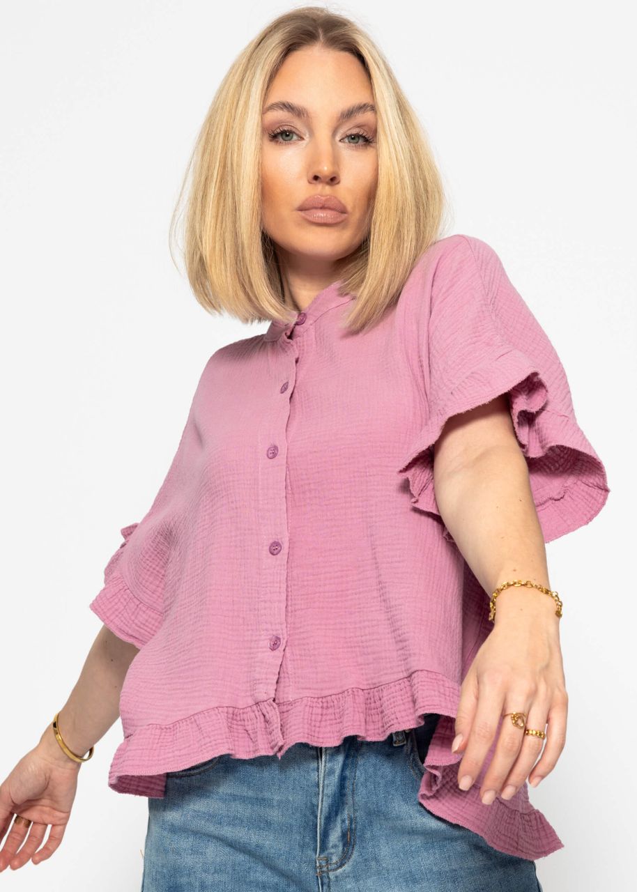 Muslin blouse with ruffled hem - pink