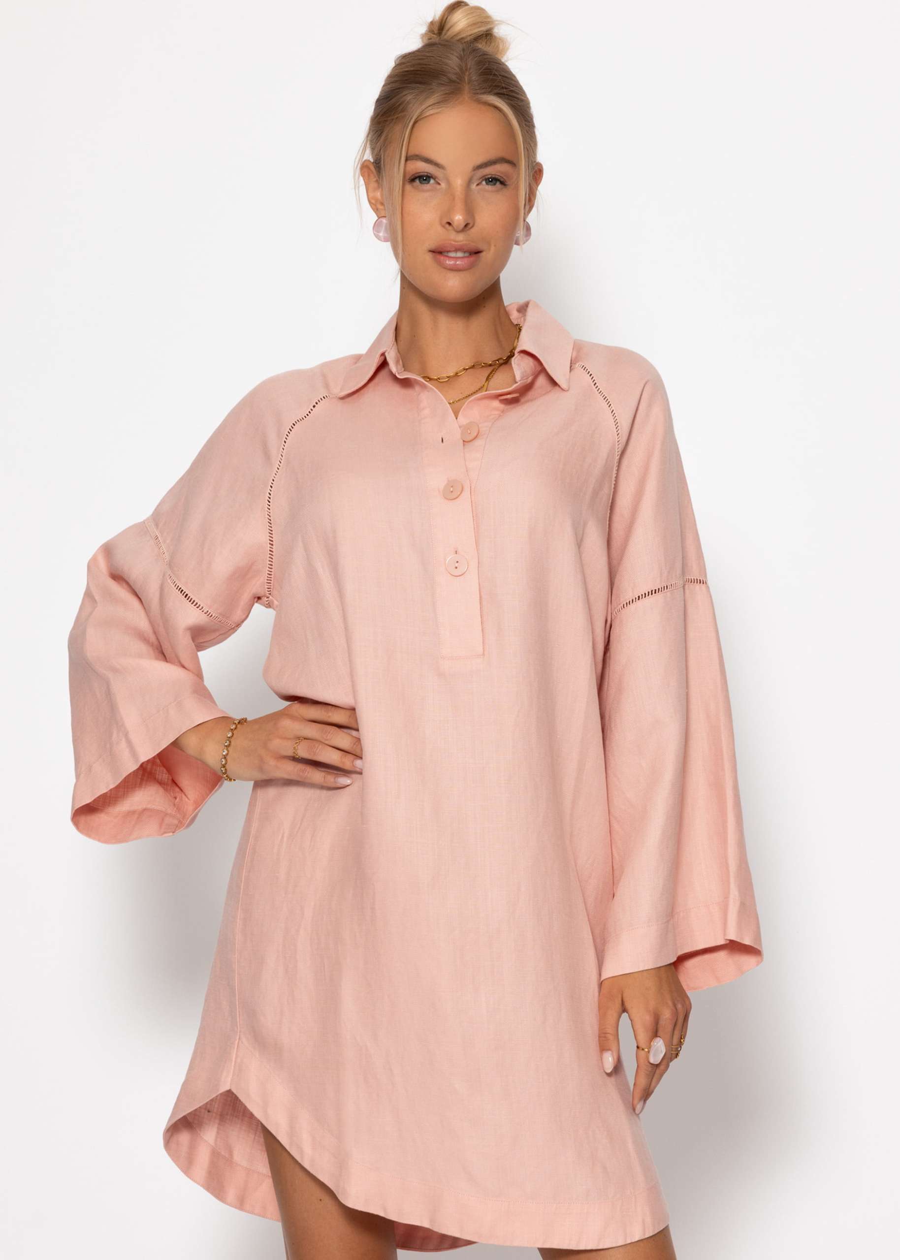 Linen dress with button placket - pink