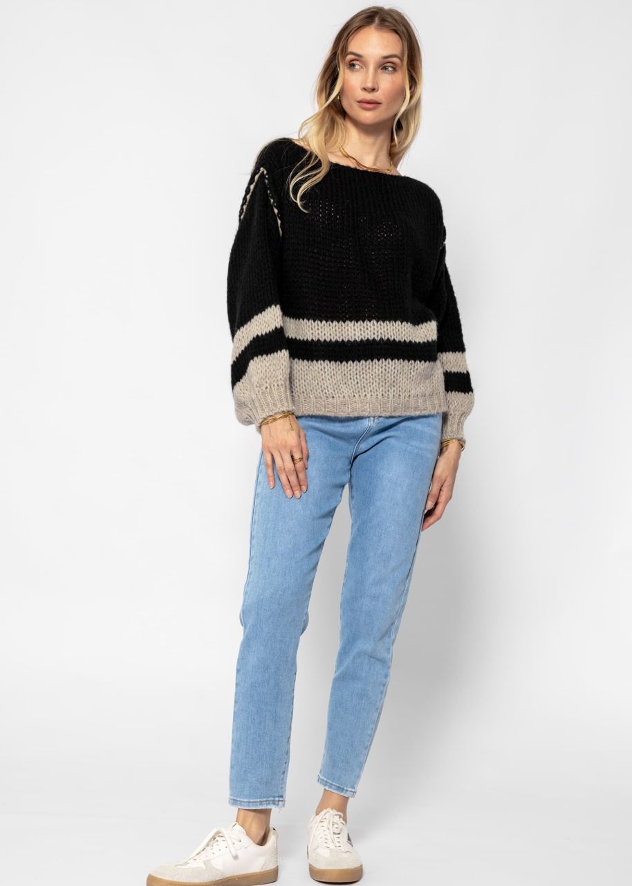 Jumper with striped hem - black-beige