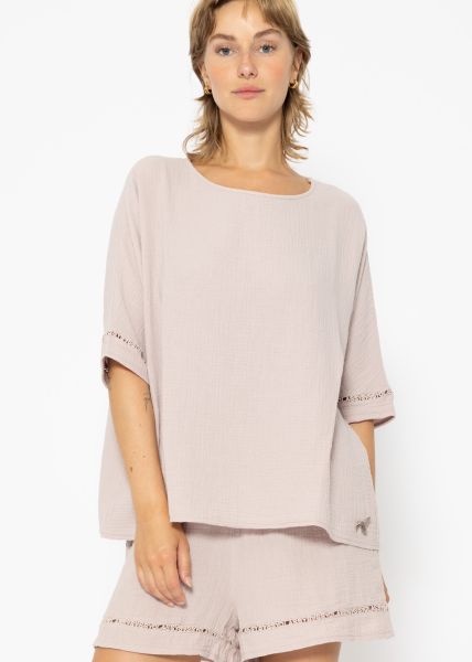 Muslin pyjama shirt with lace trim - dusky pink