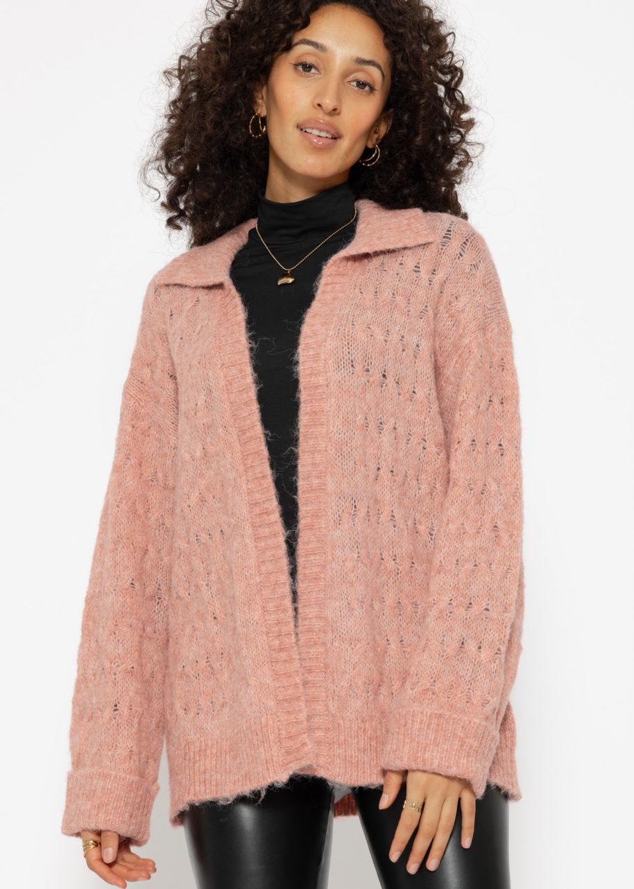 Fluffy cable-knit cardigan with collar - dusky pink