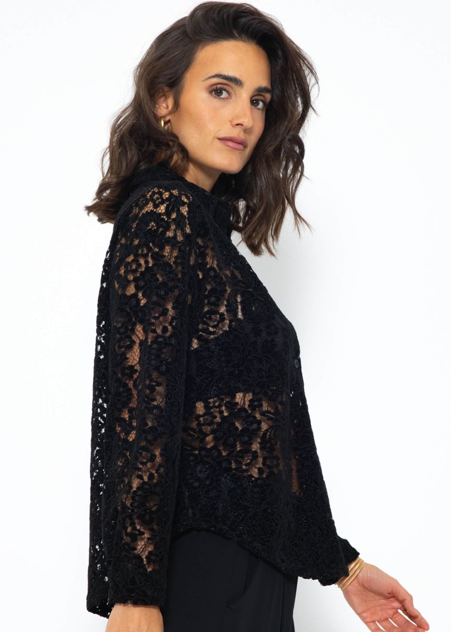 Lace blouse with velvet effect - black