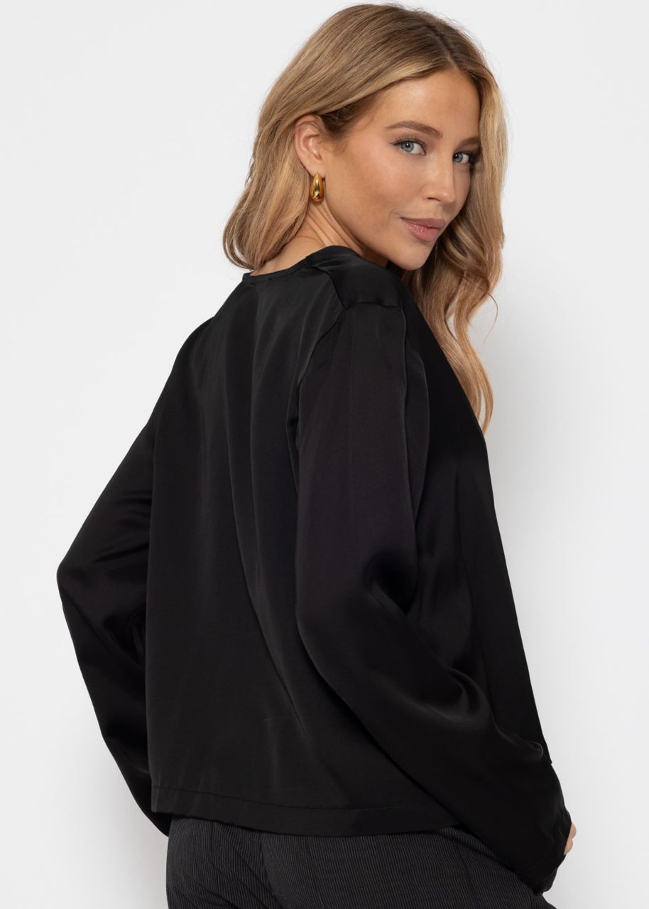 Satin blouse with tie ribbons - black