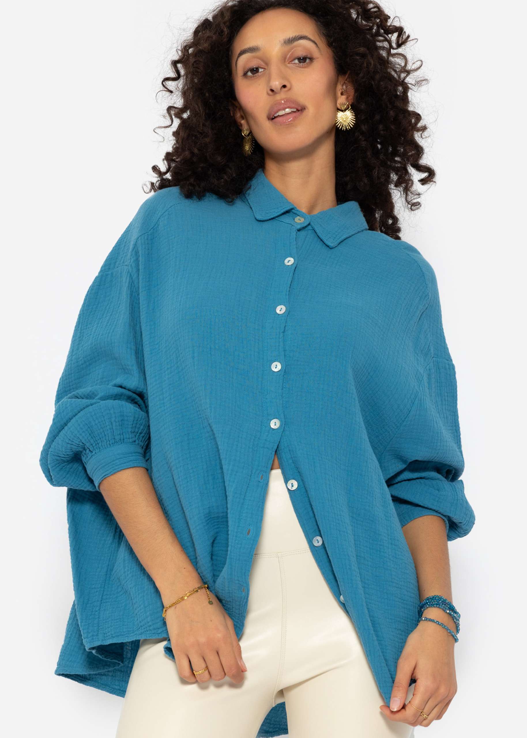 Muslin blouse oversize, short, petrol blue