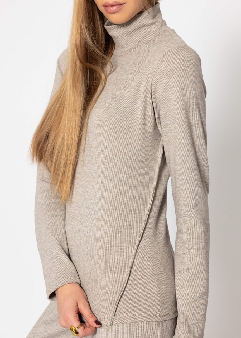 Turtleneck shirt with decorative stitching - taupe mottled