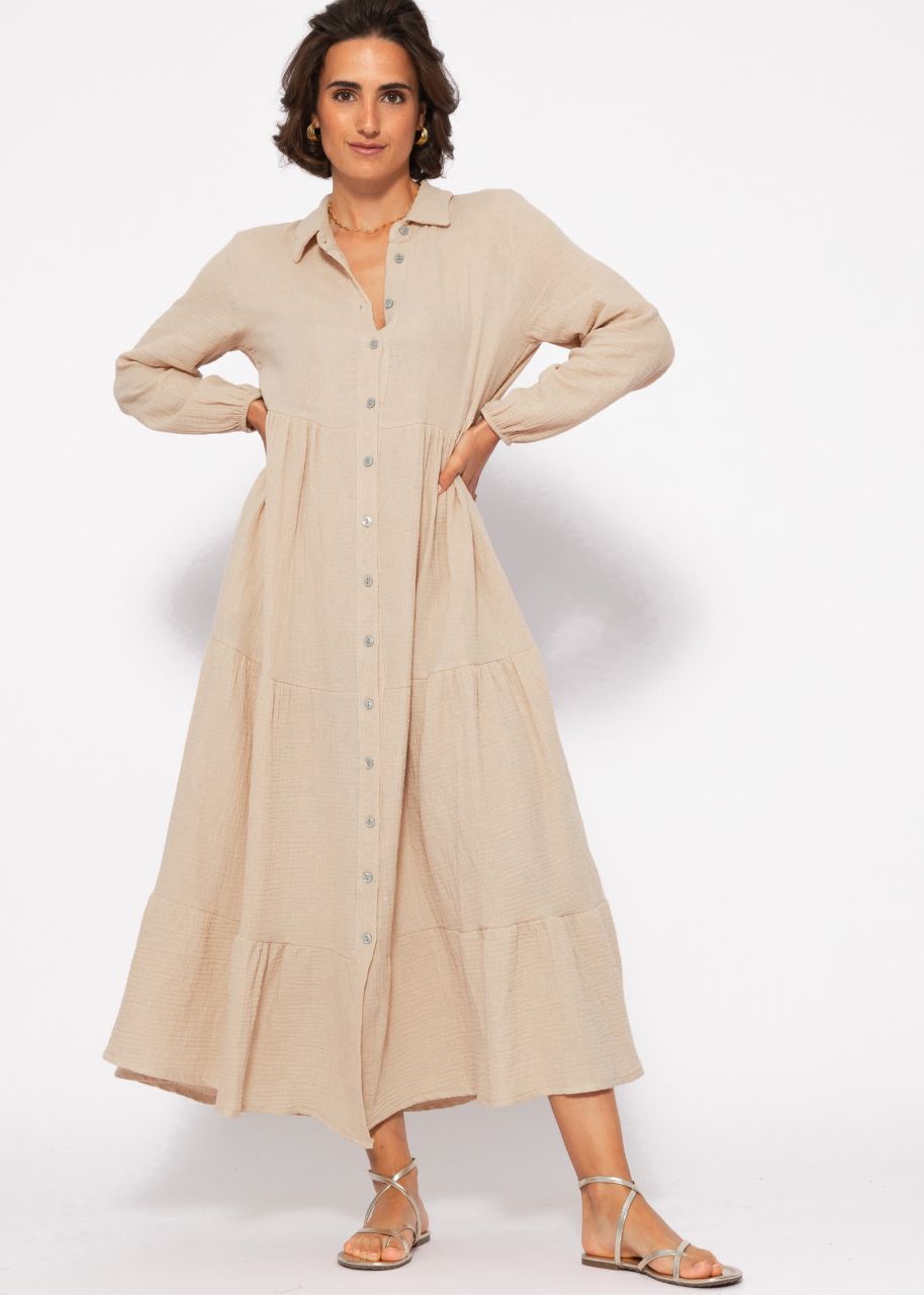 Muslin maxi dress with flounces - beige