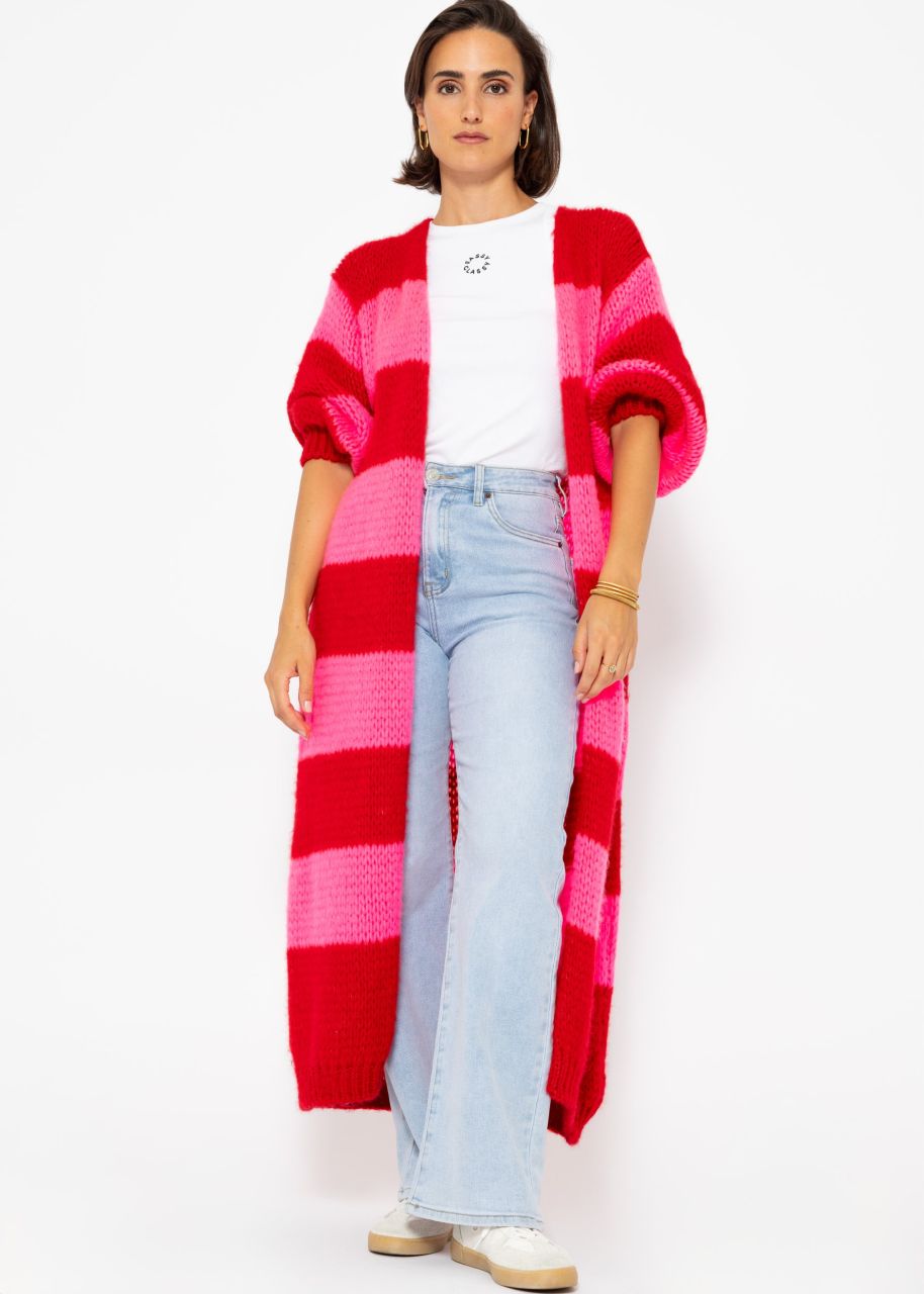 Extra long cardigan with block stripes - red-pink