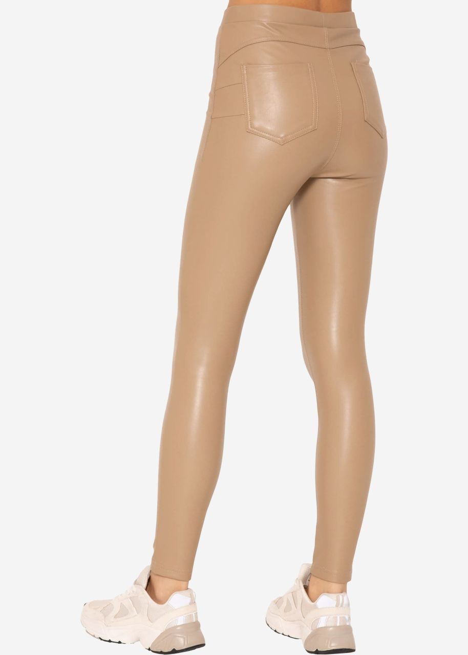 Thermo leather leggings with patch pockets, beige