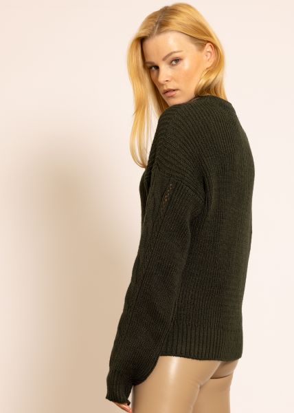 Long Pullover mit Zopfmuster, dunkelgrün