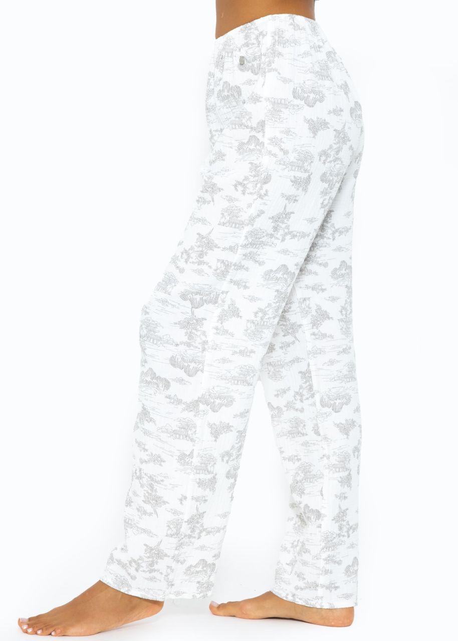 Muslin pyjama bottoms with print - white-taupe