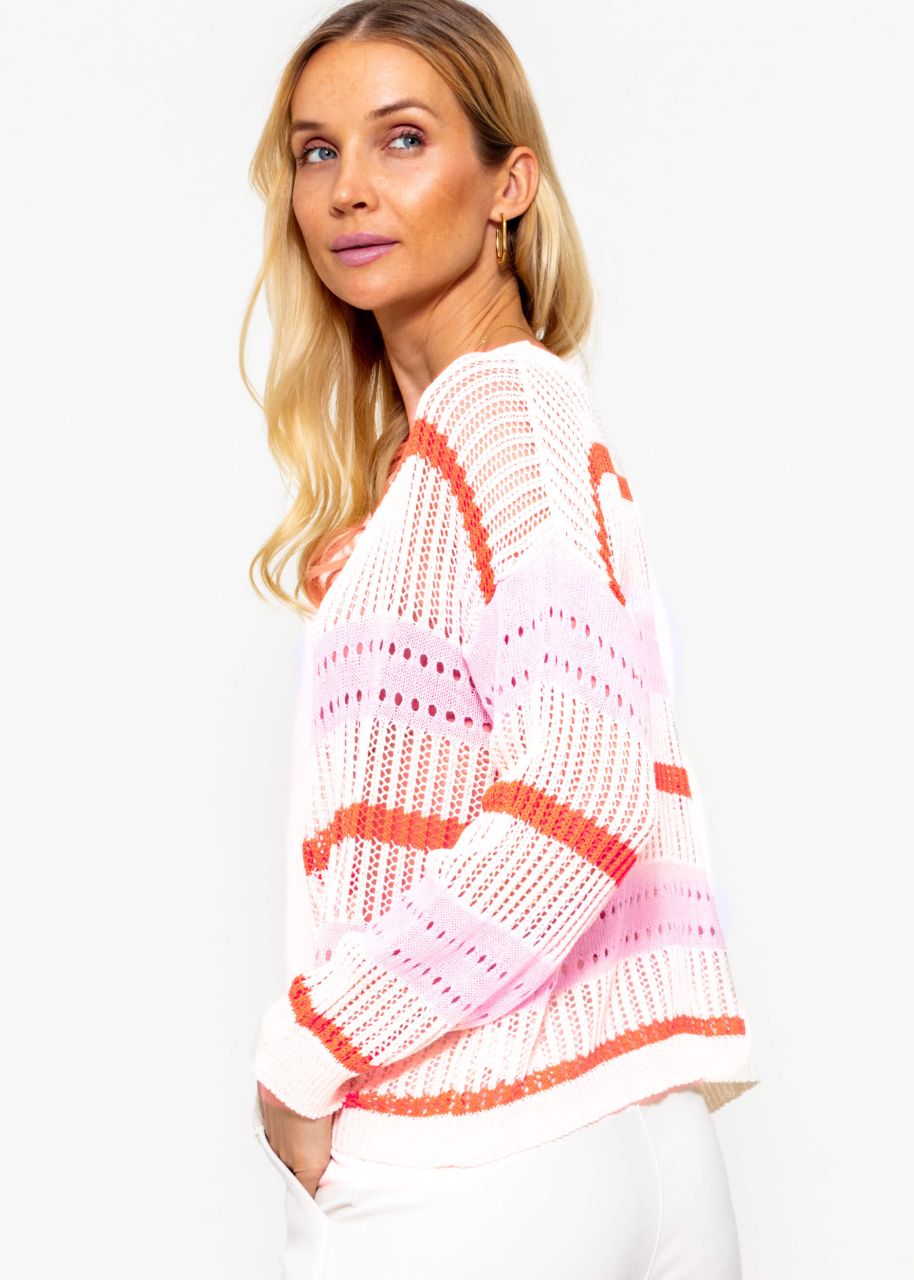 Perforated knit jumper with V-neck - offwhite-pink-orange