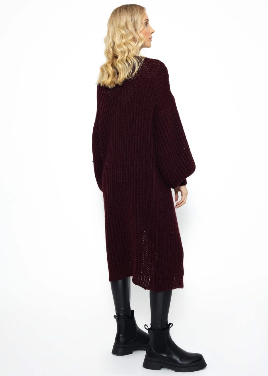 Ribbed long cardigan with balloon sleeves - burgundy