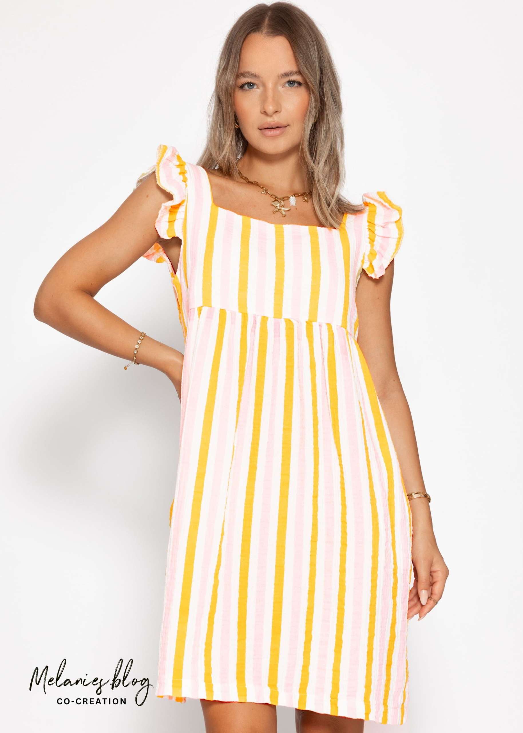Striped muslin dress - pink-yellow