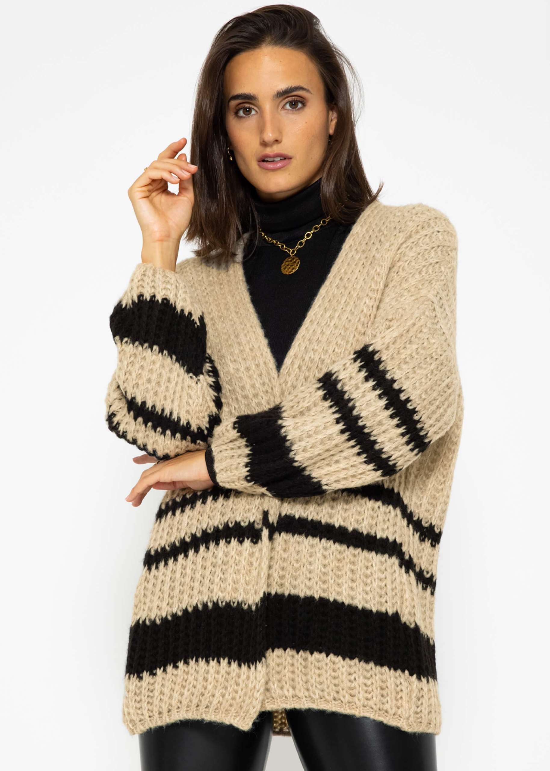 Knitted cardigan with black stripes - beige