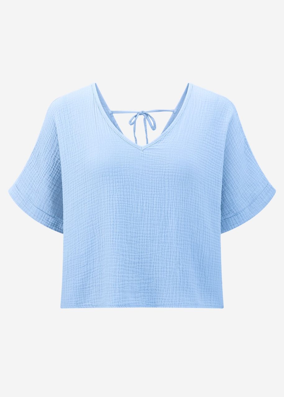 Muslin shirt with V-neck - light blue