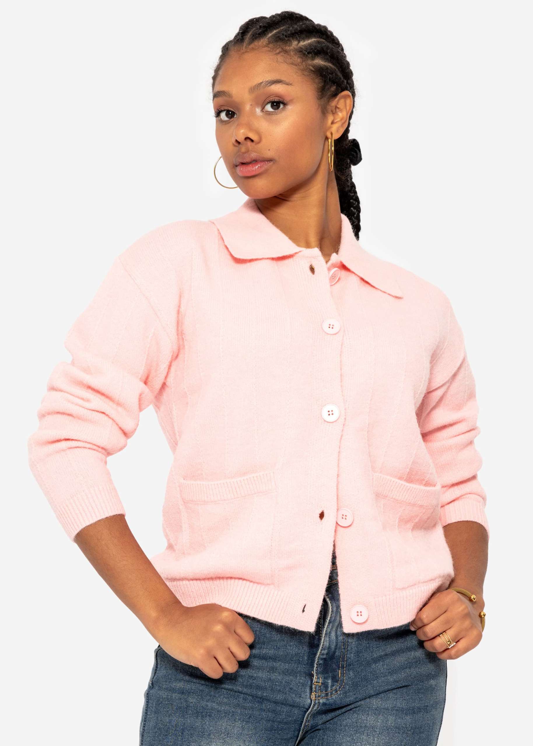 Cardigan with collar and button placket - pink