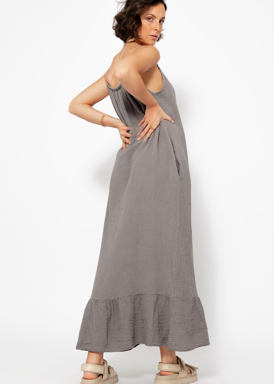 Muslin maxi strap dress with pockets - taupe