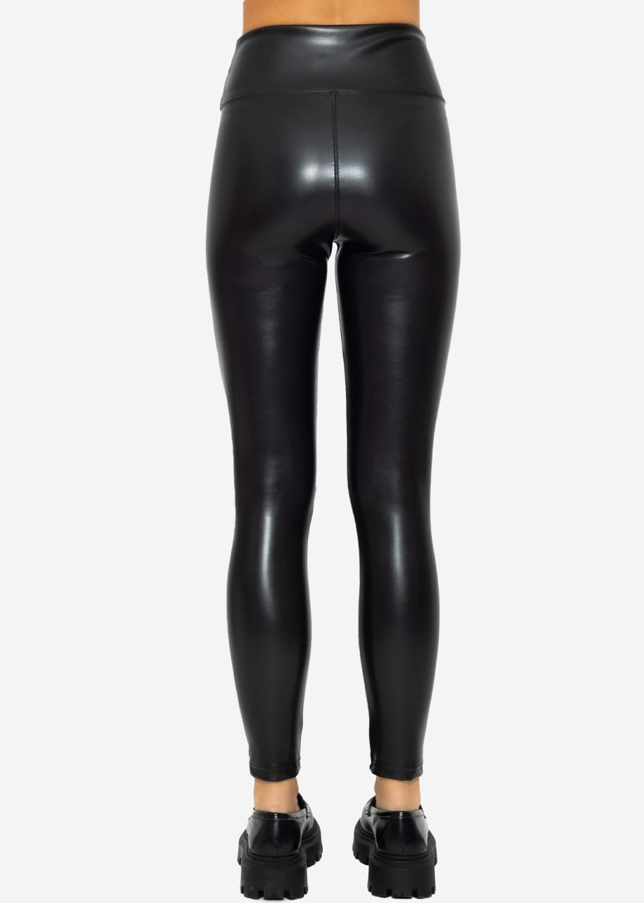 High-Rise Thermo Leather Leggings with Wide Waistband - Black